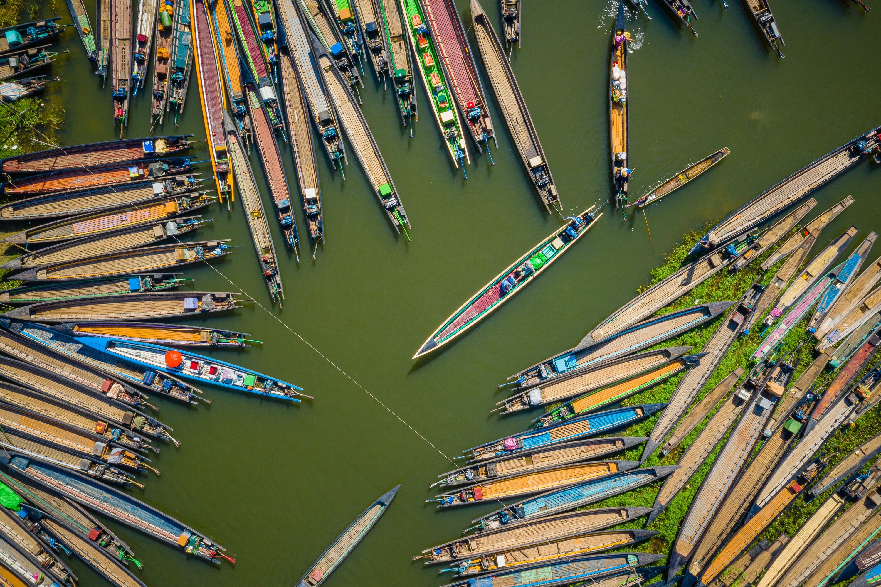 Nam Pan Market Pencil Boats 1 - Inle Lake Myanmar - Aerial Fine Art Photography (Metal & Bamboo Prints)