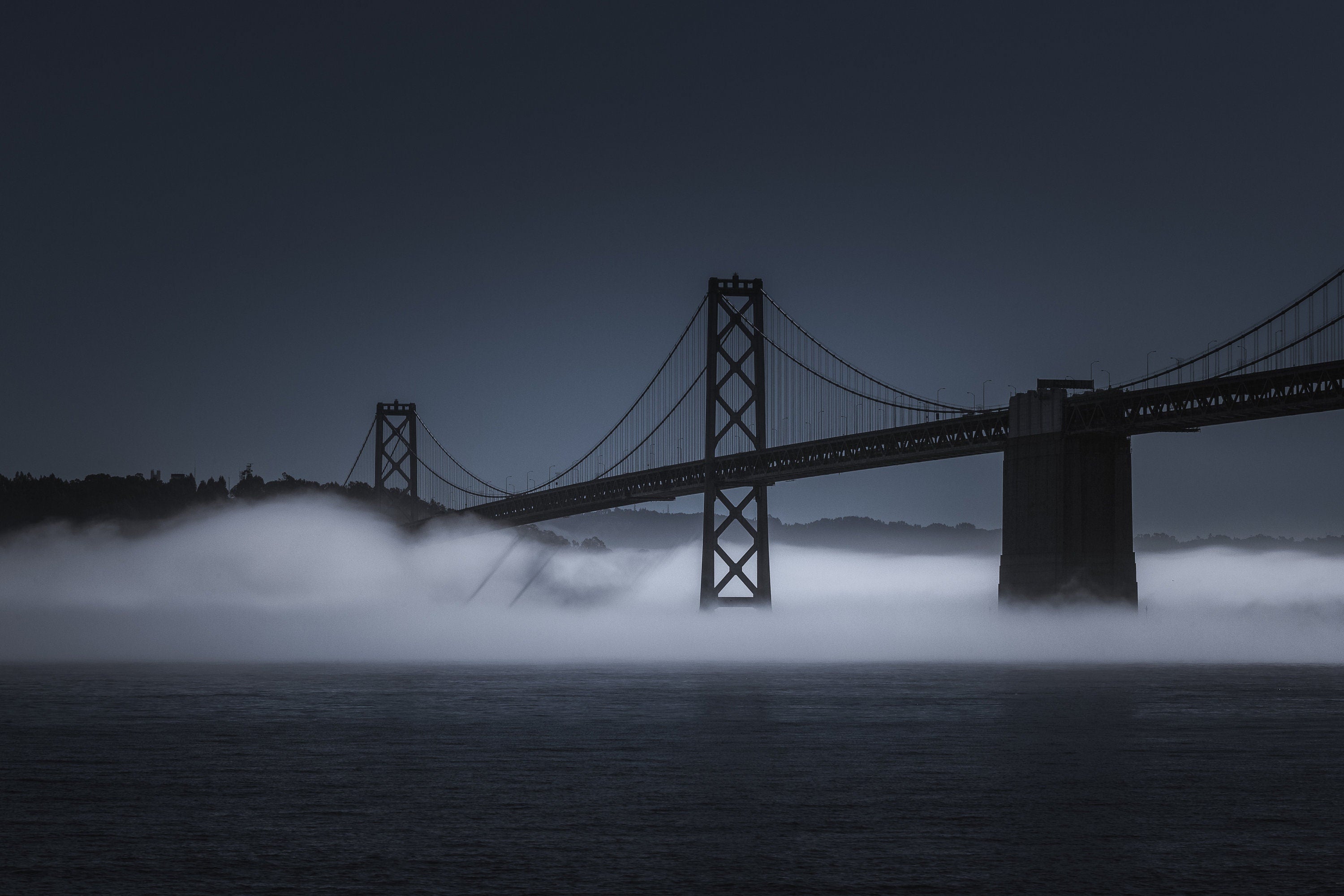 Kissing Fog - San Francisco Bay Bridge - Blue Monotone Fine Art Photography (Metal & Bamboo Prints)