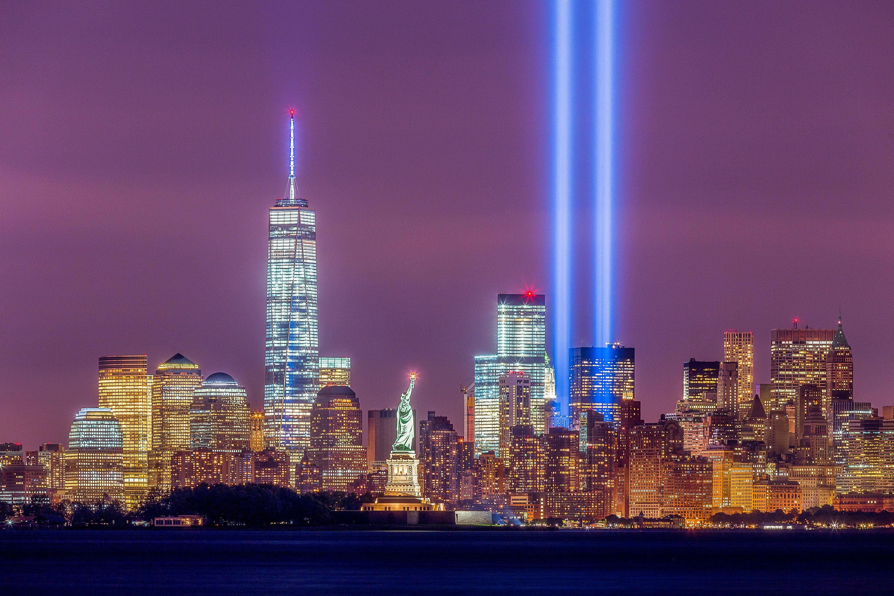 September 11 Tribute Lights with Statue of Liberty - New York City Skyline Fine Art Prints (Metal & Bamboo Prints)