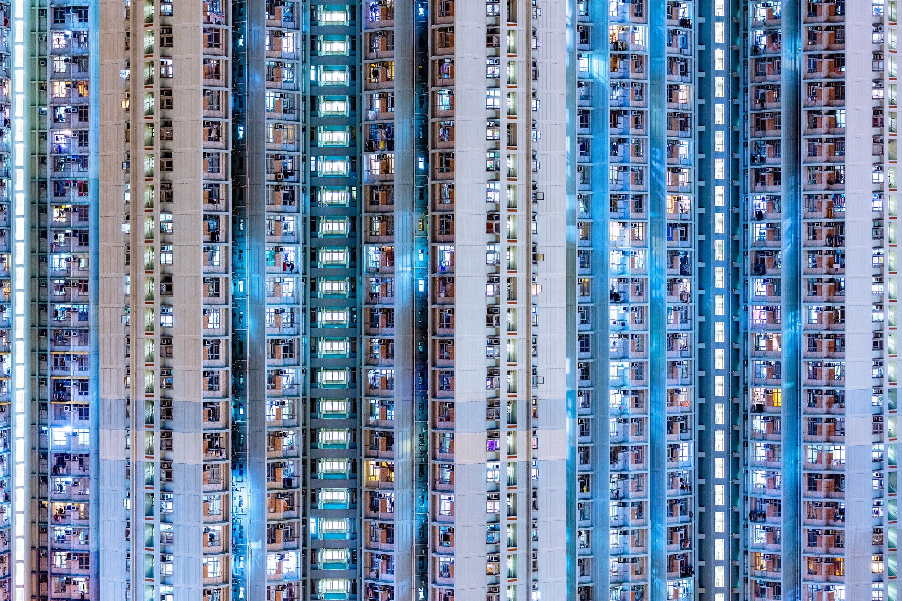 Hive - The Block Tower - Kowloon Hong Kong Night Photography (Metal & Bamboo Prints)