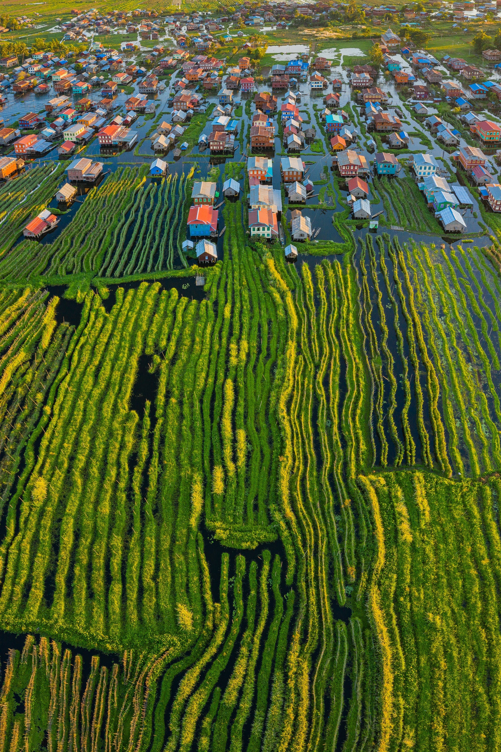 Inle Lake Myanmar Floating Garden Fishing Village Aerial Photography (Metal & Bamboo Prints)