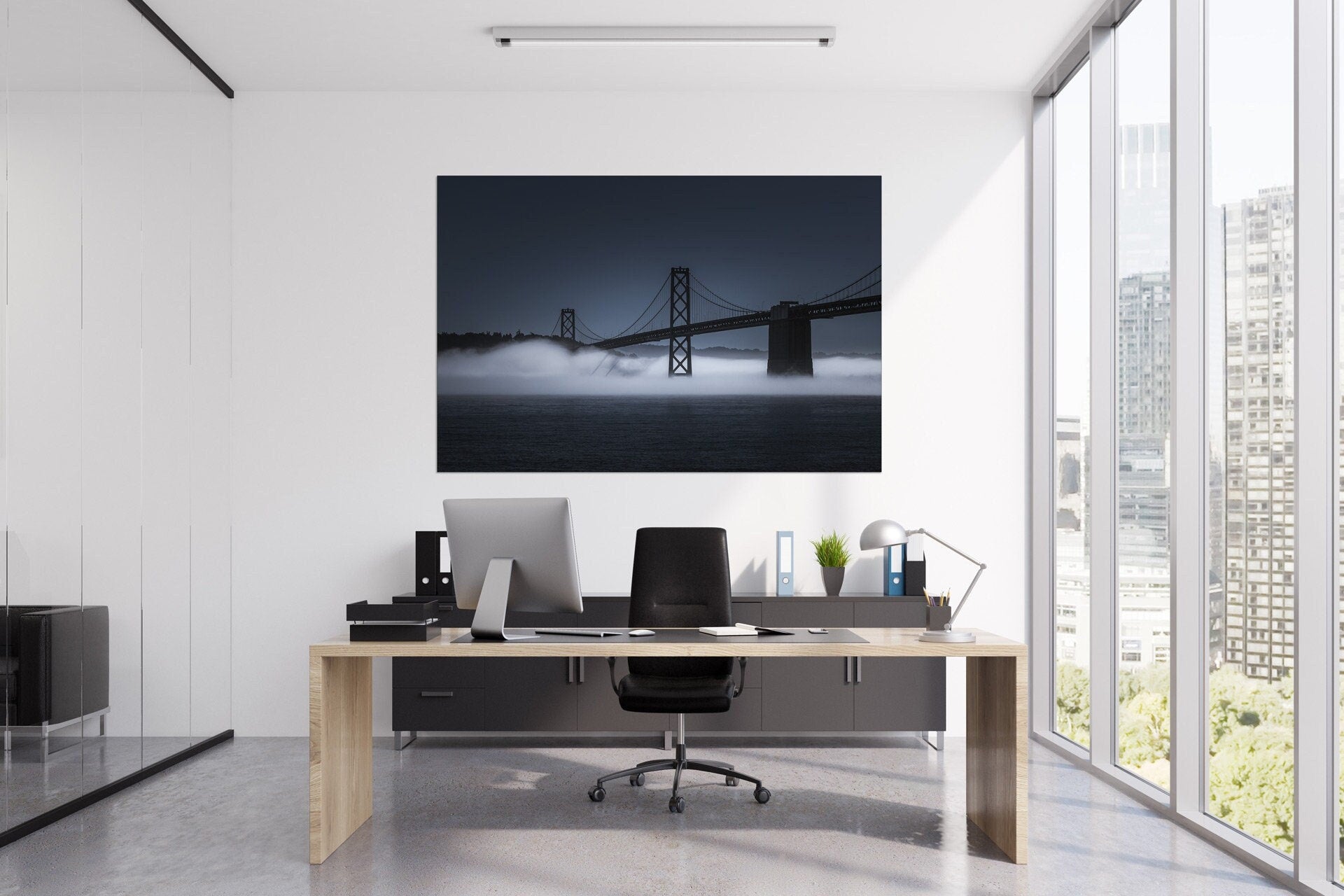 Kissing Fog - San Francisco Bay Bridge - Blue Monotone Fine Art Photography (Metal & Bamboo Prints)