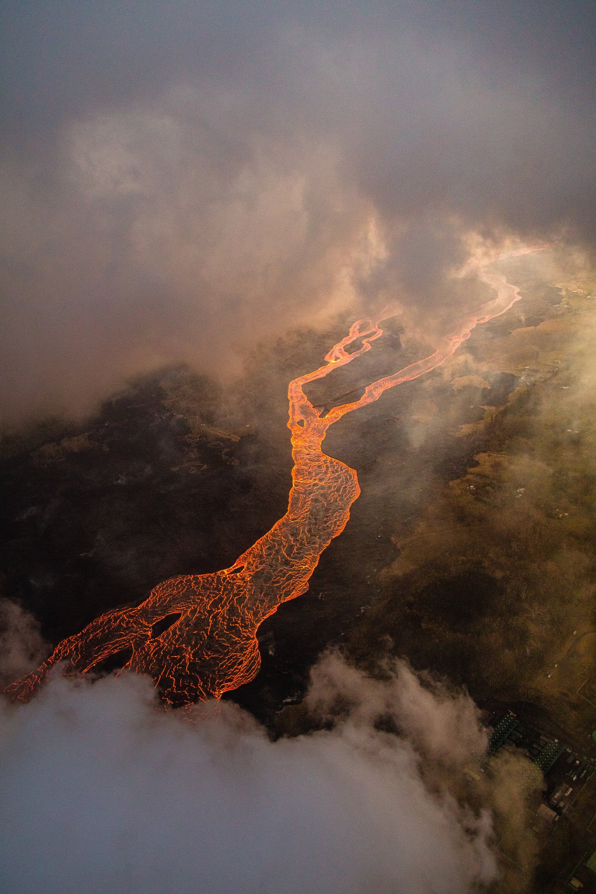 Kilauea Volcano Fissure 8 Lava River Clouds - Hawaii Aerial Photography (Metal & Bamboo Prints)