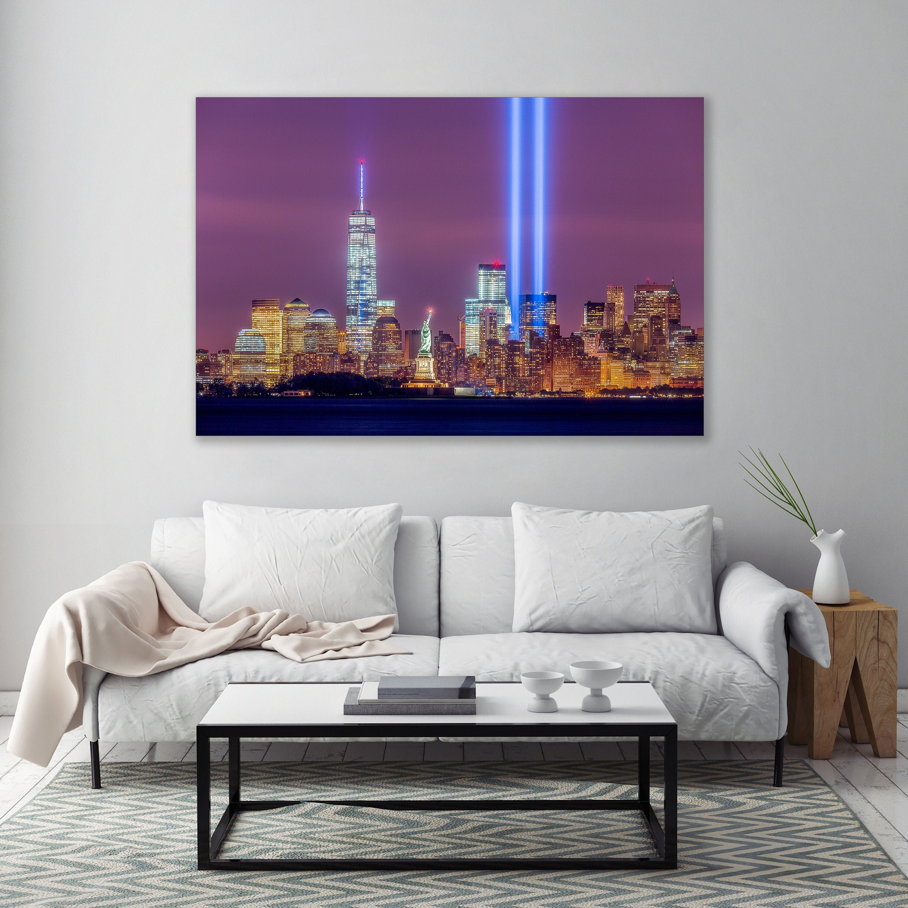 September 11 Tribute Lights with Statue of Liberty - New York City Skyline Fine Art Prints (Metal & Bamboo Prints)