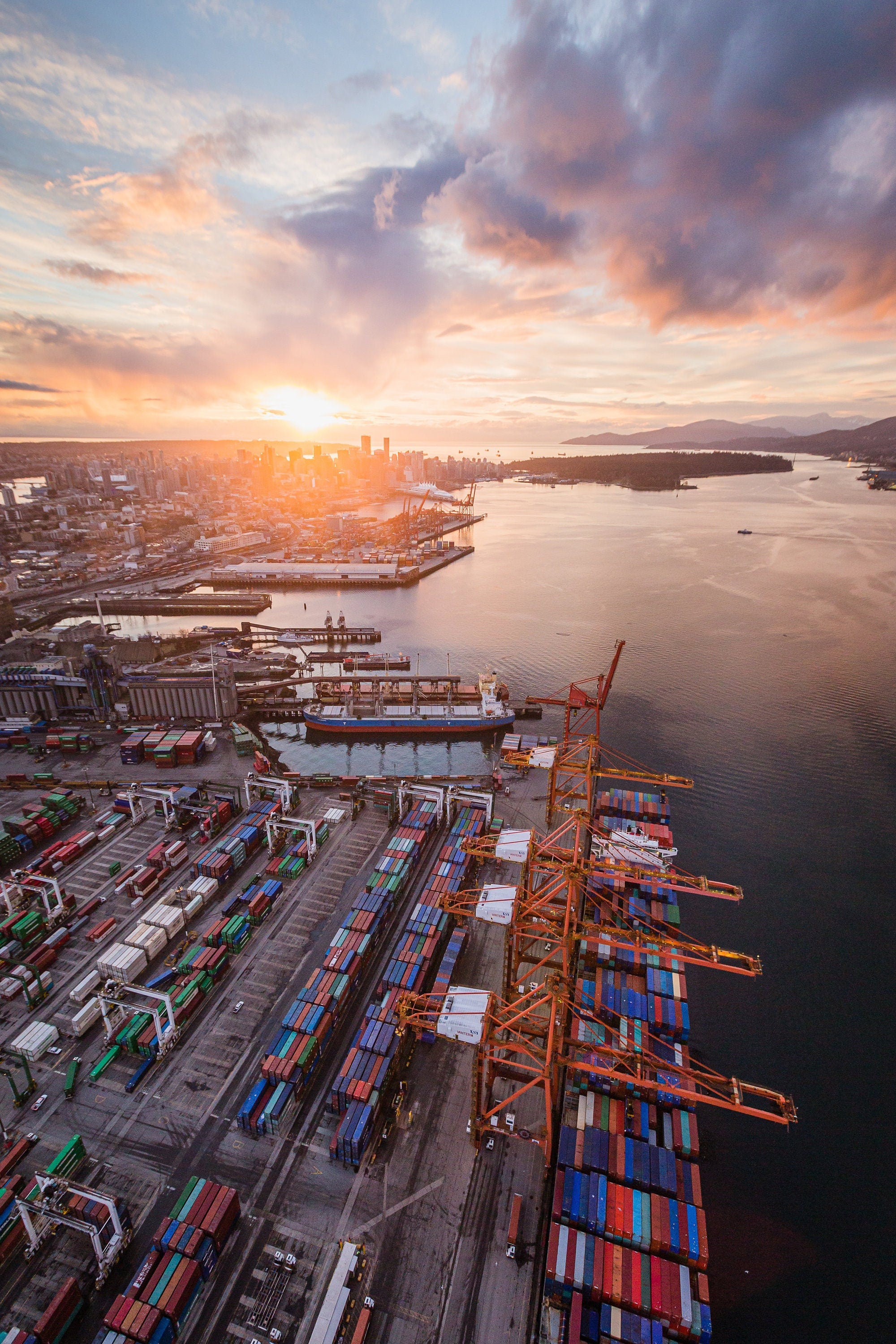 Vancouver Skyline Centerm Container Terminal Sunset - Aerial Photography (Metal & Bamboo Prints)