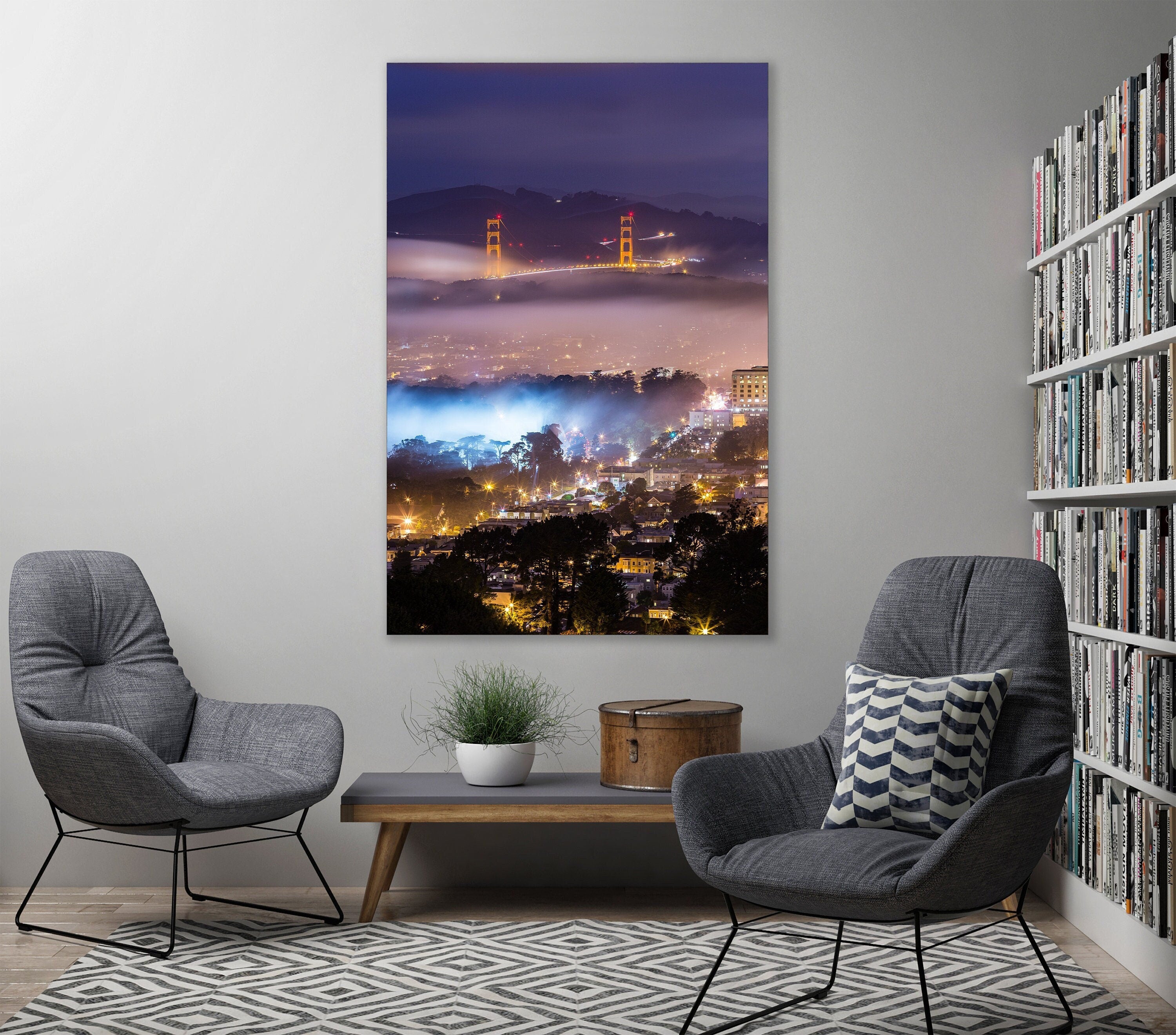 Golden Gate Park and Golden Gate Bridge - Foggy Night in San Francisco - Fine Art Photography (Metal & Bamboo Print)