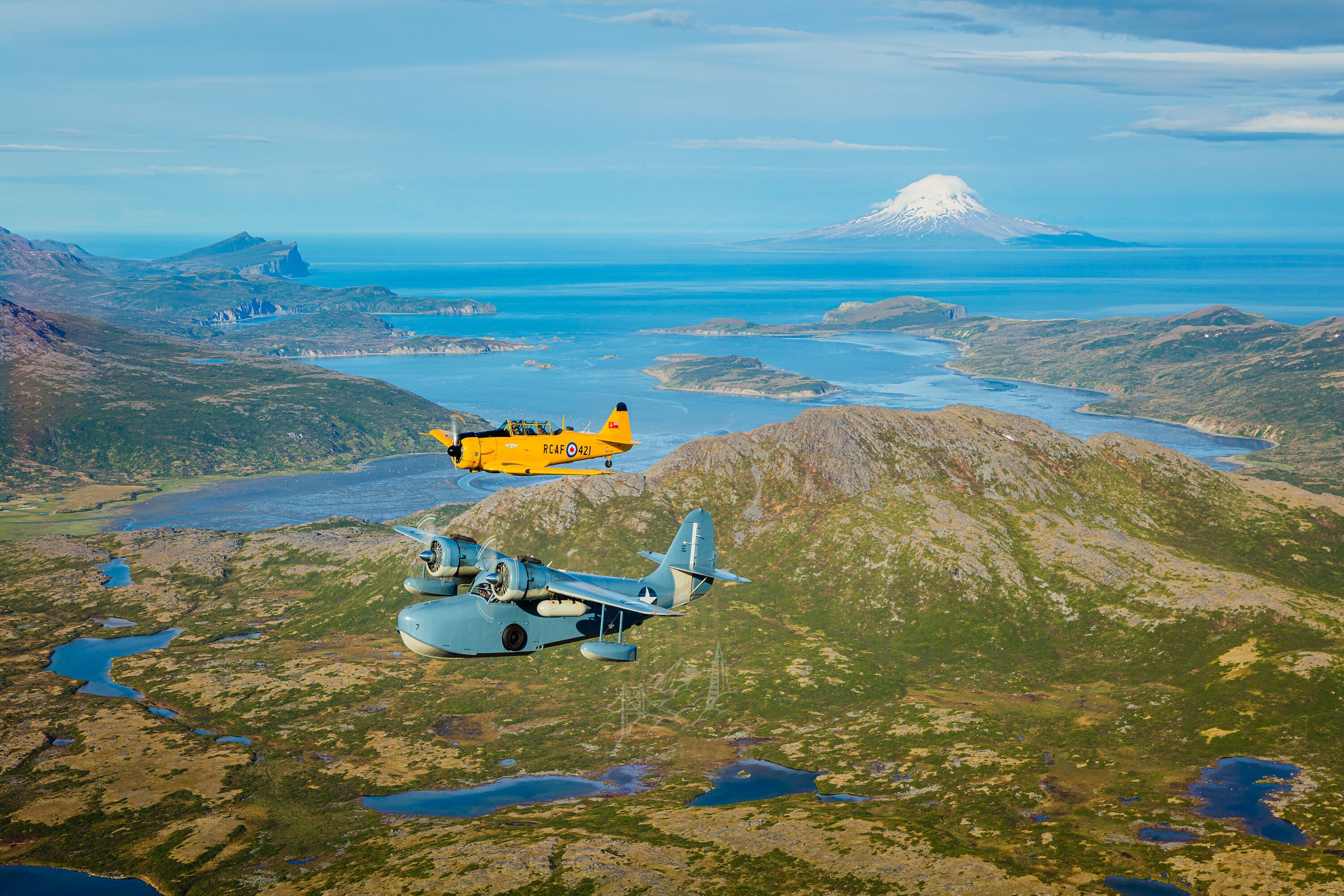 Harvard Mk IV and JRF-5 Grumman Goose Augustine Volcano - Alaska Fine Art Aviation Photography (Metal & Bamboo Prints)