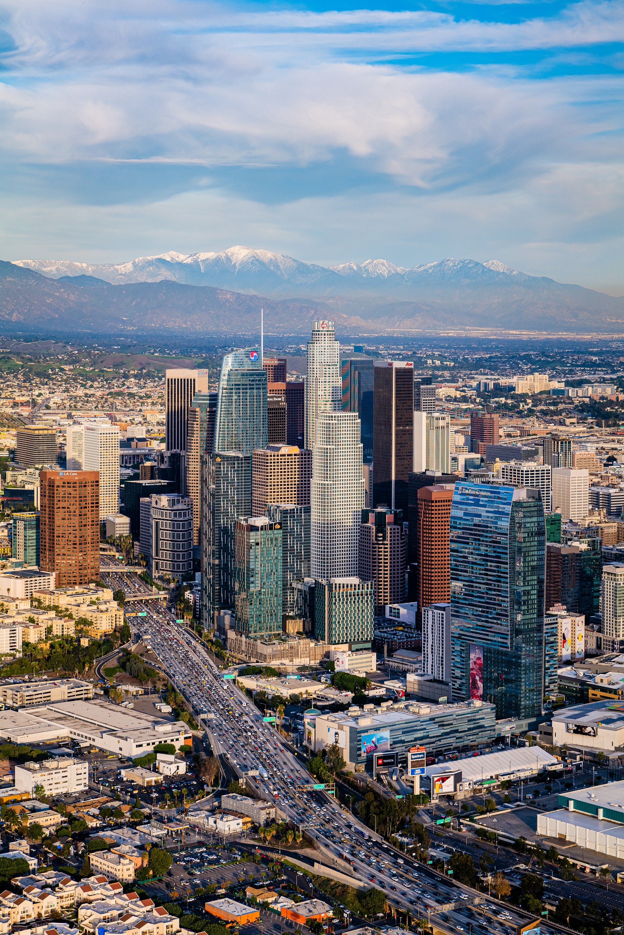 Downtown Los Angeles - Snow Peaked Mountains Aerial Fine Art Photography (Metal & Bamboo Prints)