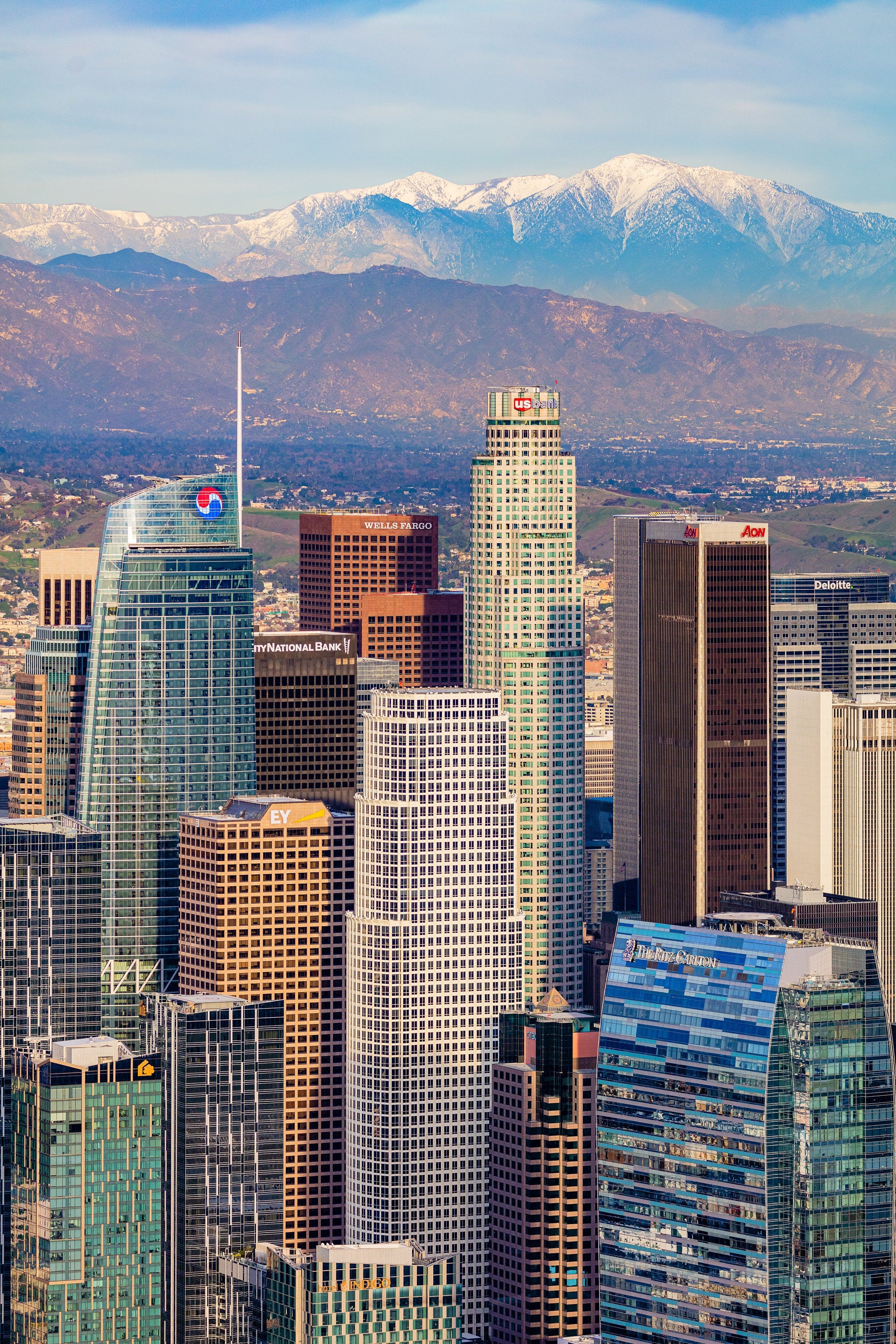 Financial District - Downtown Los Angeles Snow Peaked Mountains Aerial Fine Art Photography (Metal & Bamboo Prints)