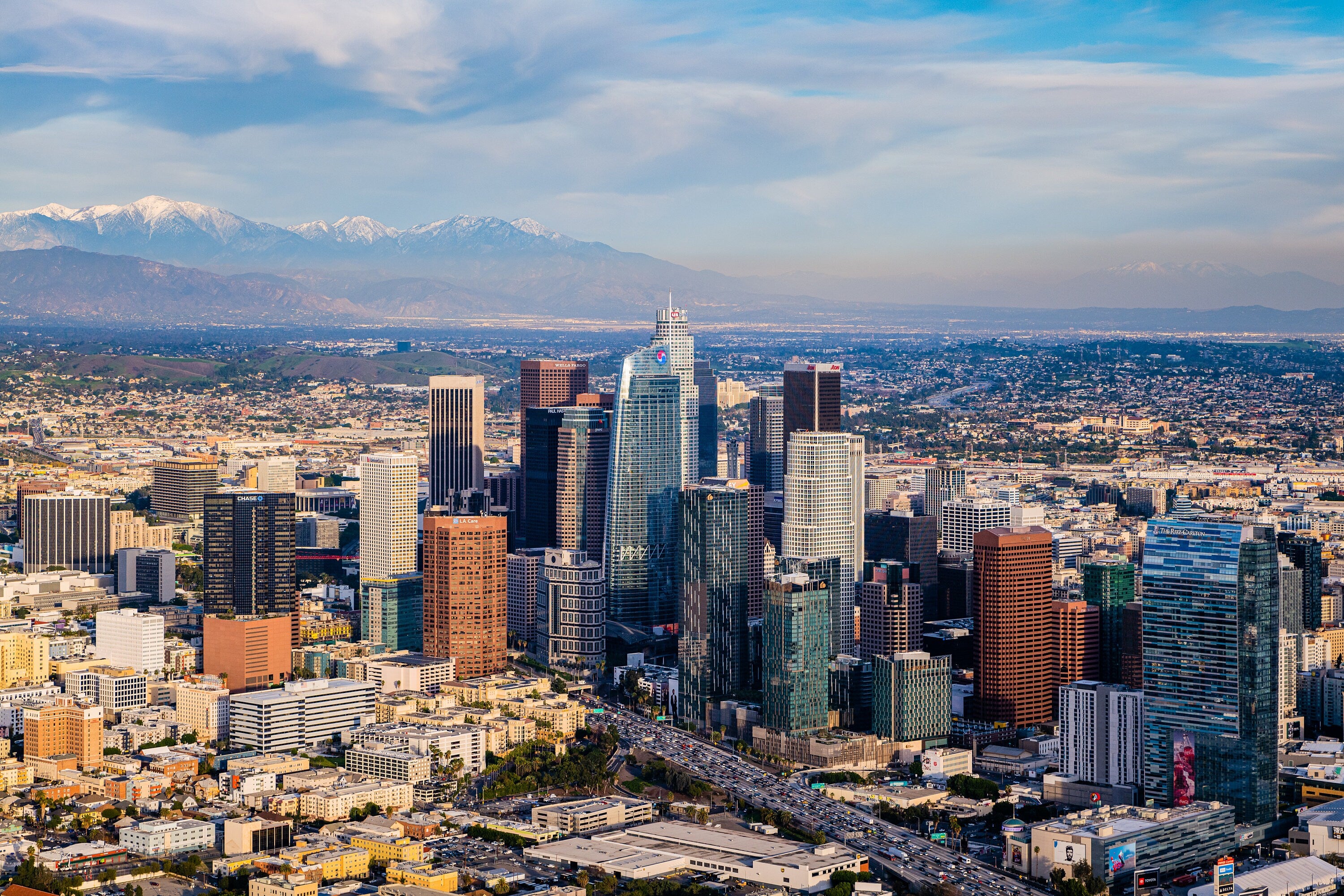 Wide Downtown Los Angeles Snow Peaked Mountains Aerial Sunset Photography (Metal & Bamboo Prints)