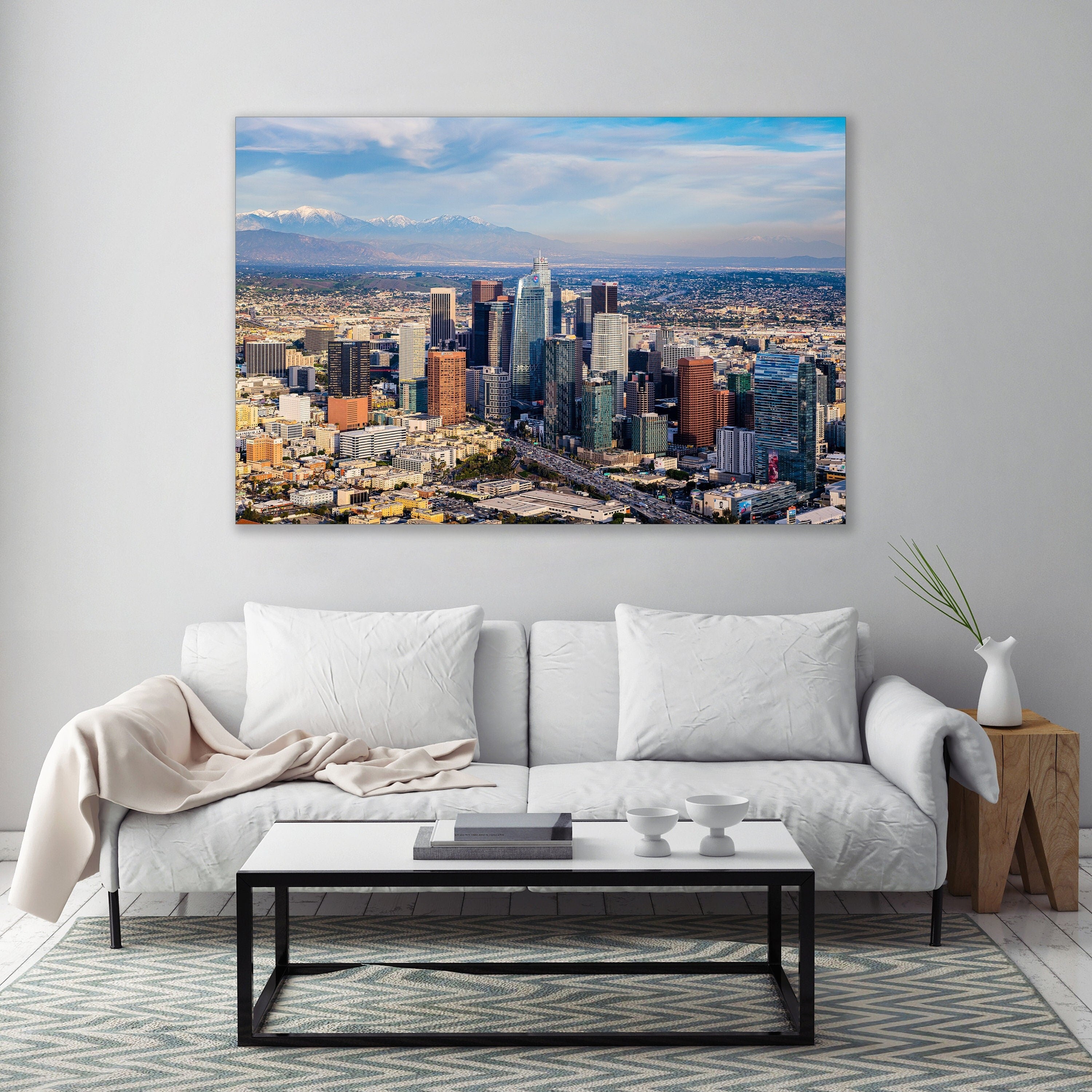 Wide Downtown Los Angeles Snow Peaked Mountains Aerial Sunset Photography (Metal & Bamboo Prints)