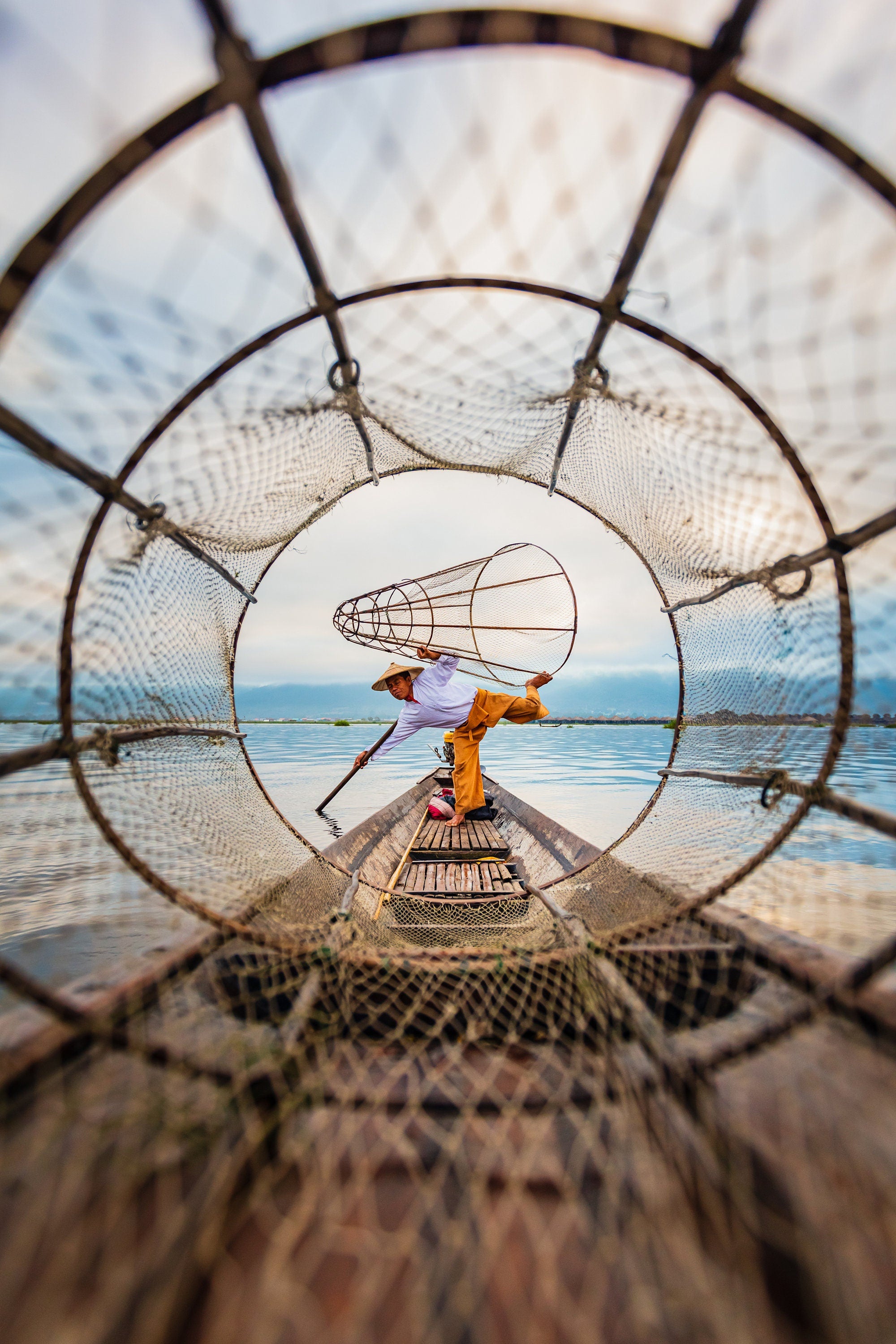 The Performing Fisherman of Inle Lake - Through The Net - Fine Art Photography (Metal & Bamboo Prints)