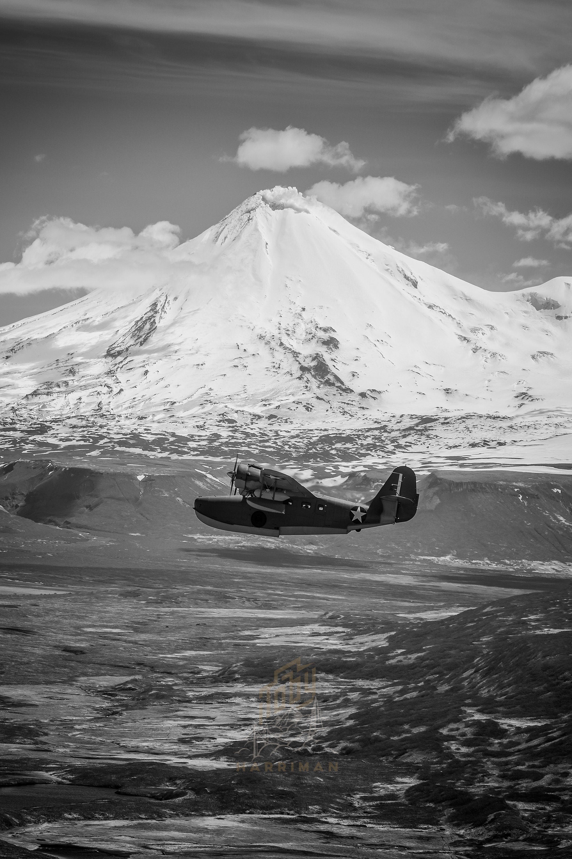 JRF-5 Grumman Goose Aircraft flying by Pavlof Volcano Alaska - Black and White Fine Art Print (Metal & Bamboo Prints)