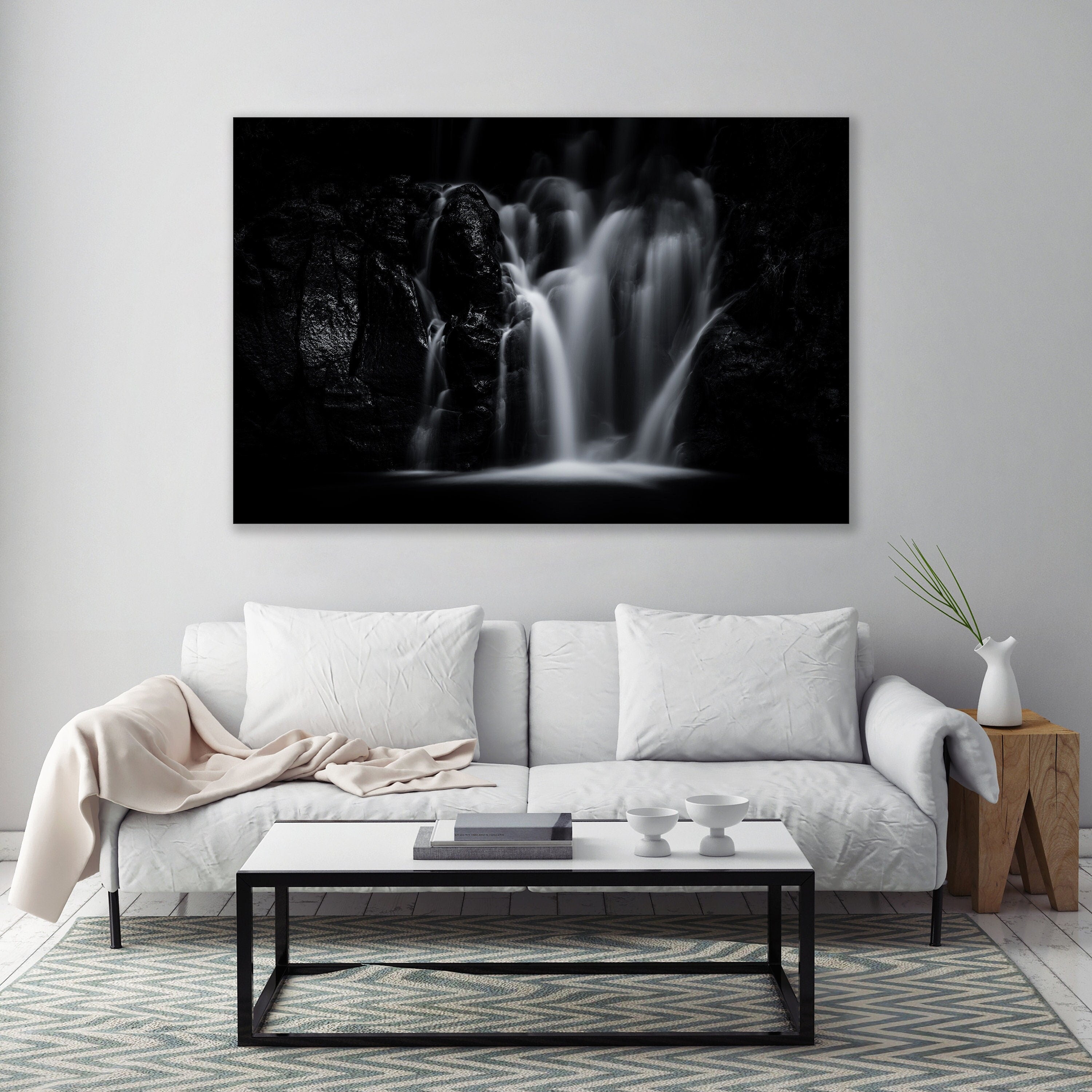 Waimea Falls Hawaii - Black and White Waterfall Fine Art Photography (Metal & Bamboo Prints)