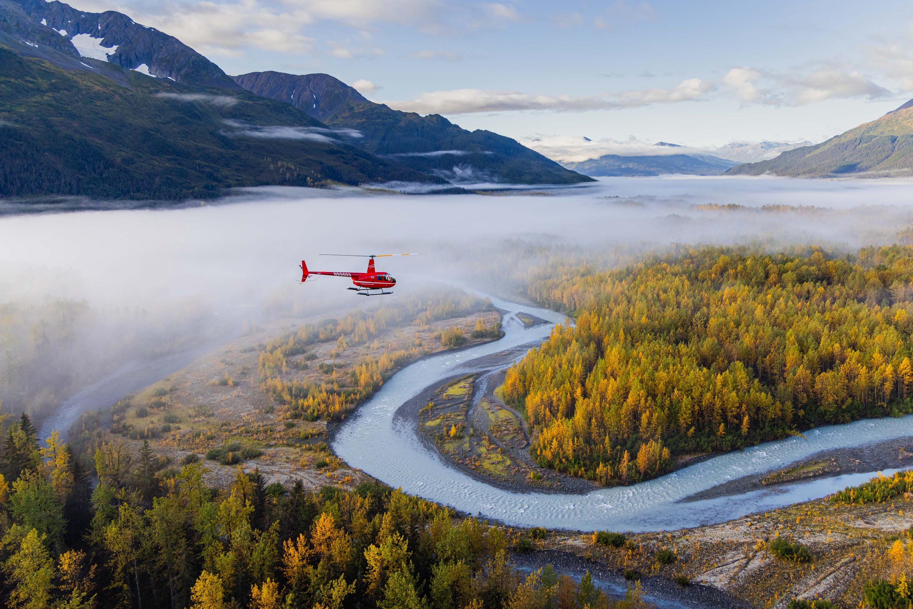 Twentymile River Autumn Morning Fog - Air-to-Air Helicopter Tour Girdwood Alaska Aerial Photography by Toby Harriman (Metal & Bamboo Prints)