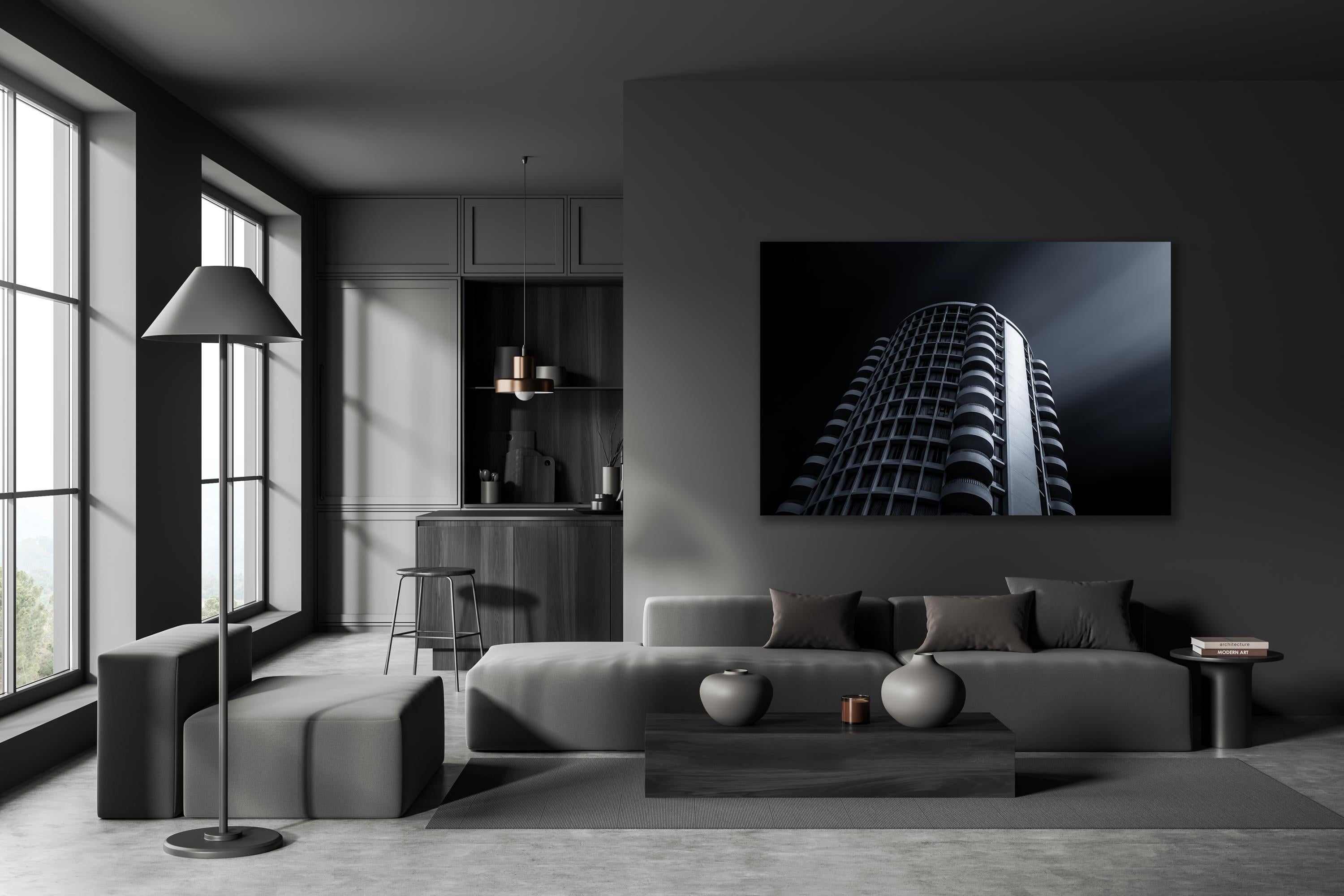 a black and white photo of a living room