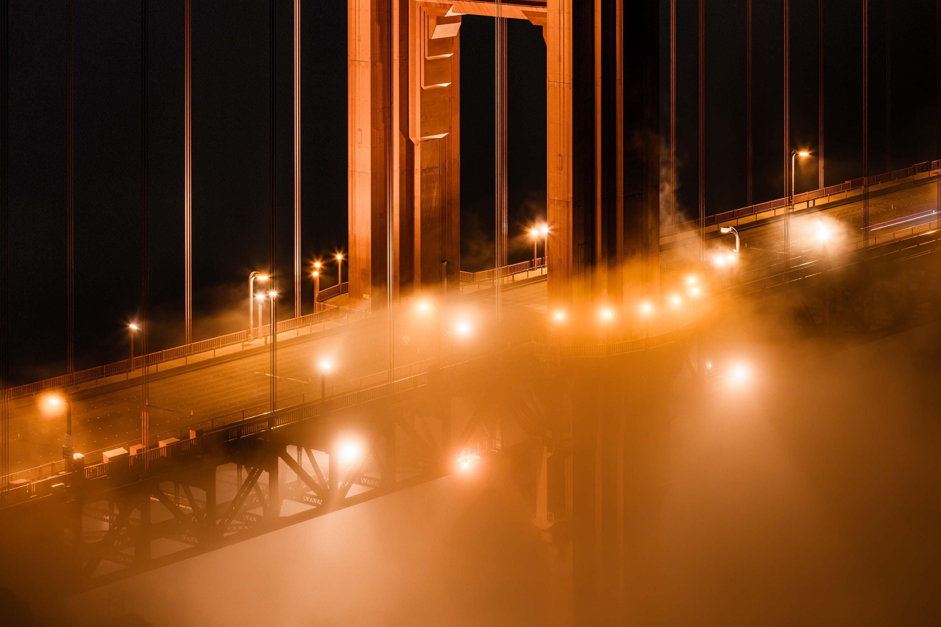 a foggy night on the golden gate bridge