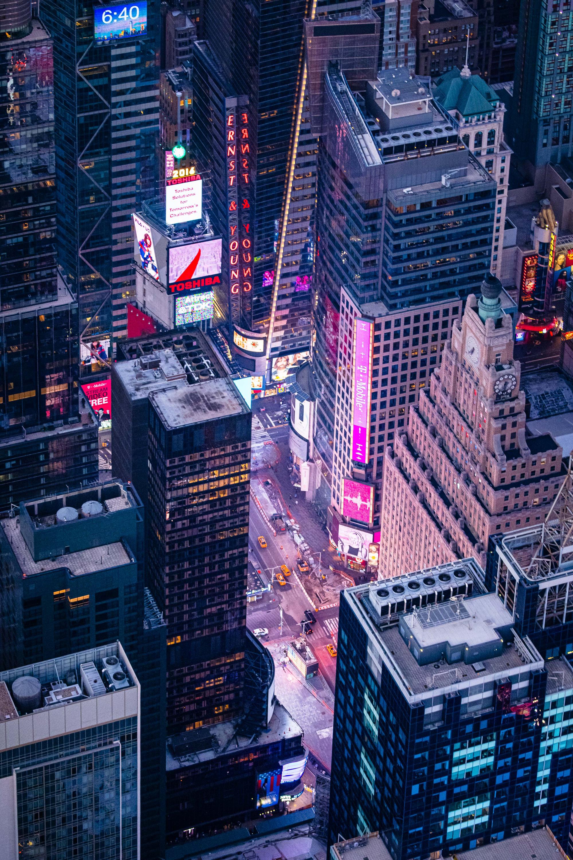 an aerial view of a city at night