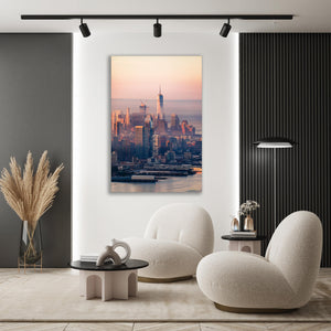 a living room with a large painting of a city