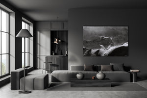 a black and white photo of a living room